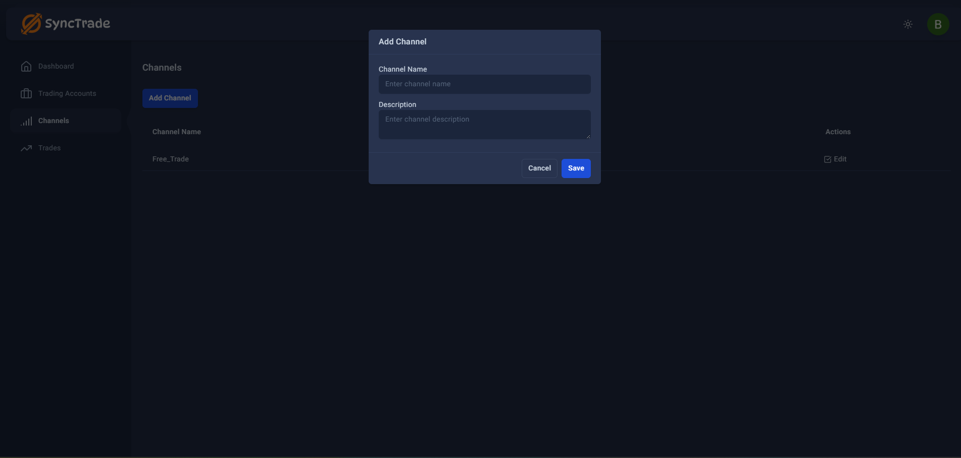 Add Channel dialog with Channel Name and Description input fields