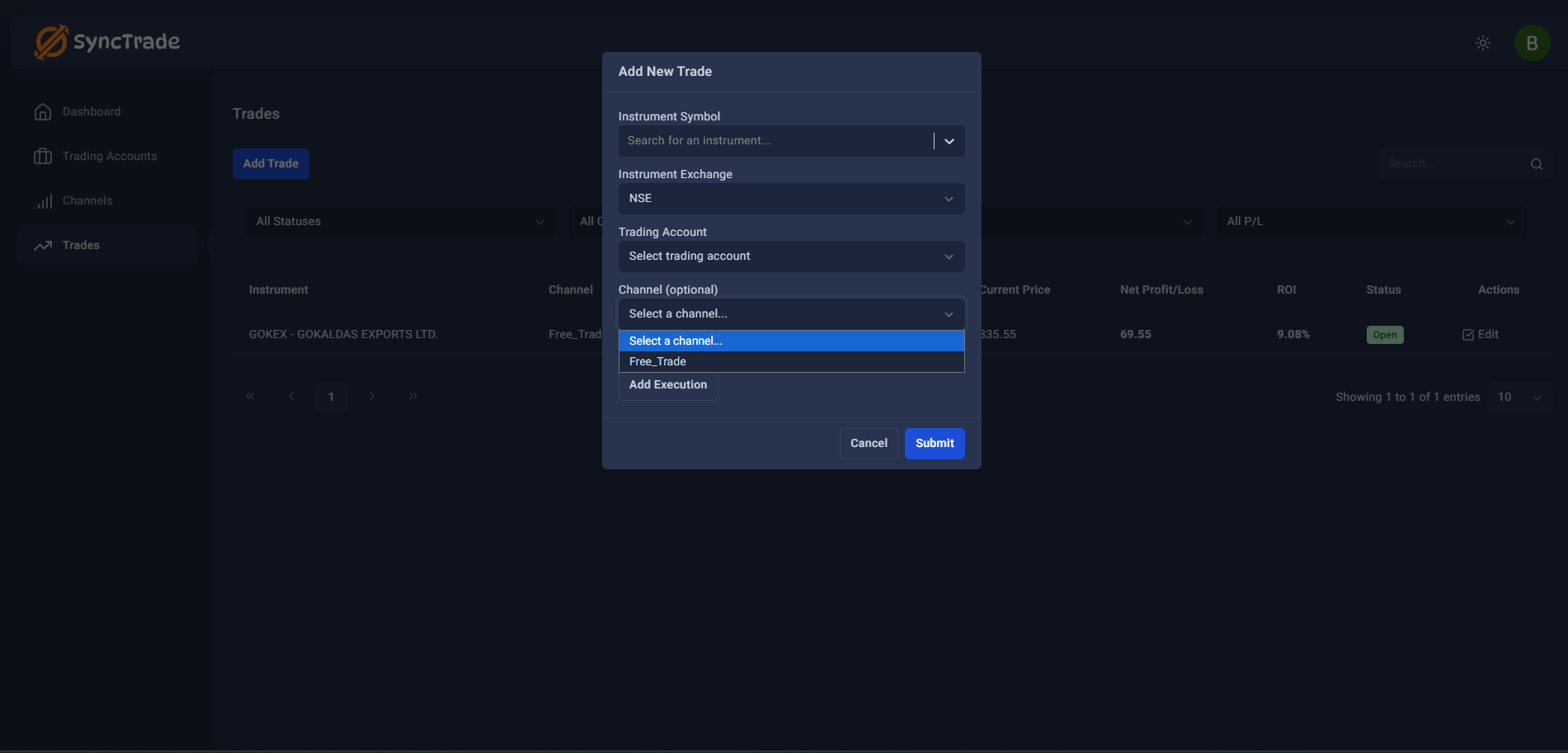 Channel dropdown menu during trade creation showing various strategy options