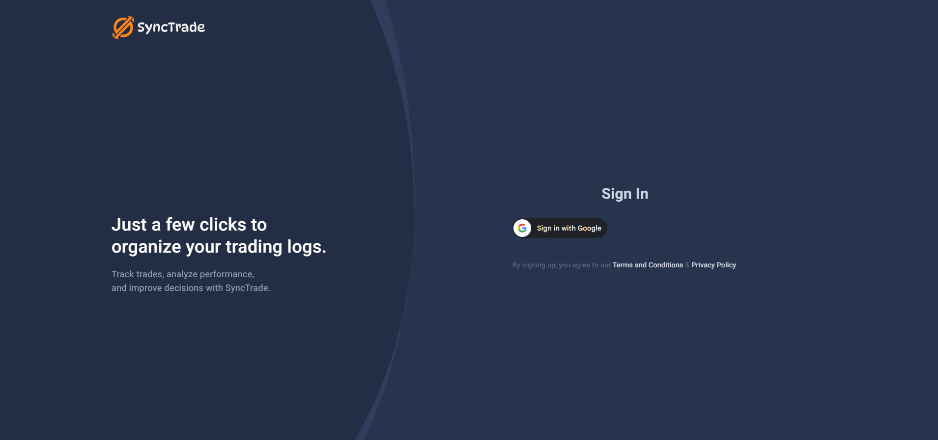 SyncTrade Sign In screen with 'Sign in with Google' button