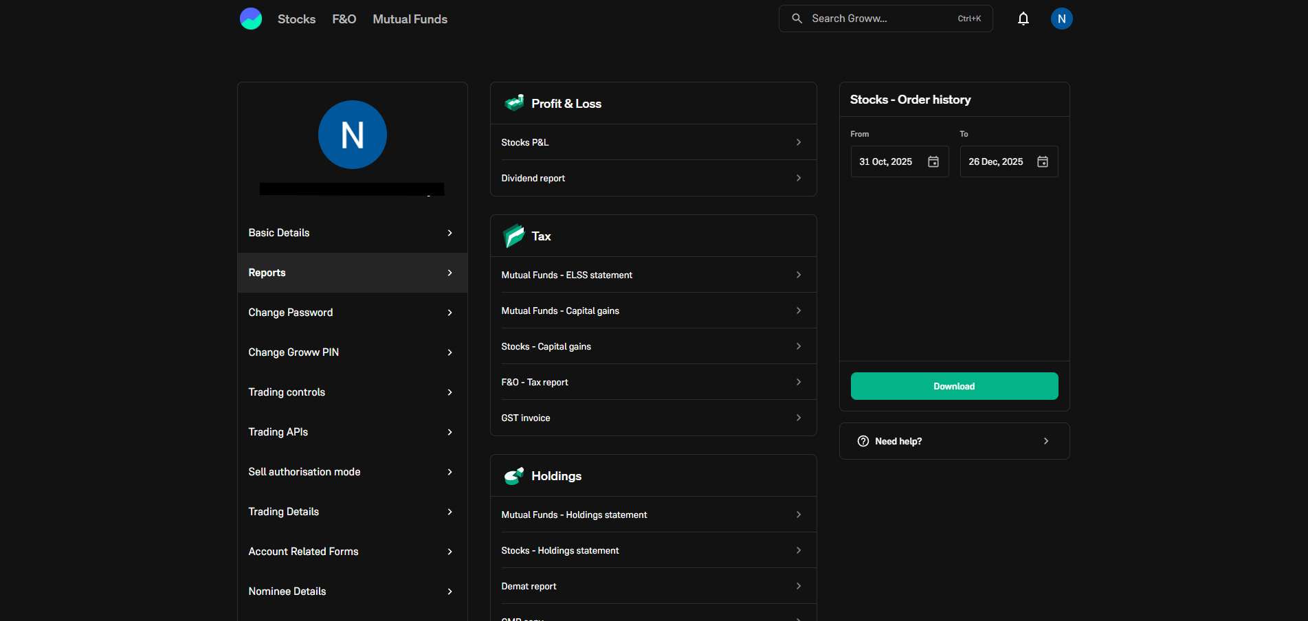 Groww Reports section showing Stocks Order History and Download button