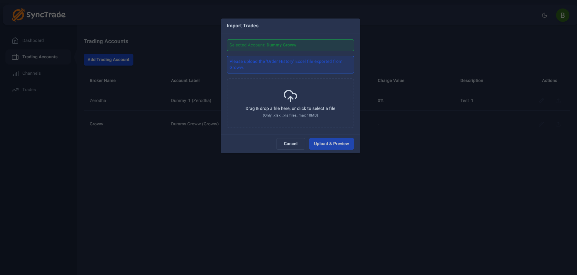 Import Trades modal showing helper text for Groww Order History Excel file, with drag-and-drop upload zone and Upload & Preview button