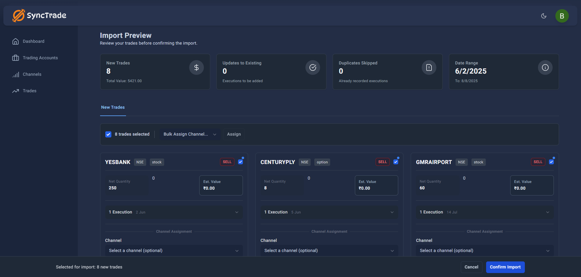 Import Preview page showing summary cards for New Trades, Updates, Duplicates, and New Trades tab with trade cards and Channel Assignment dropdown