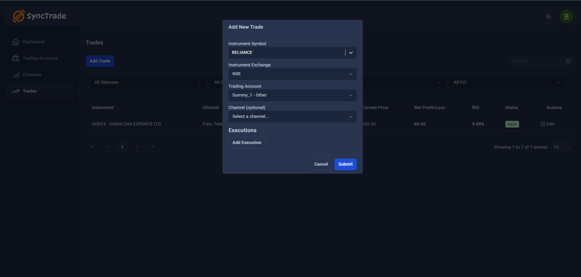 Add New Trade dialog with basic trade setup fields