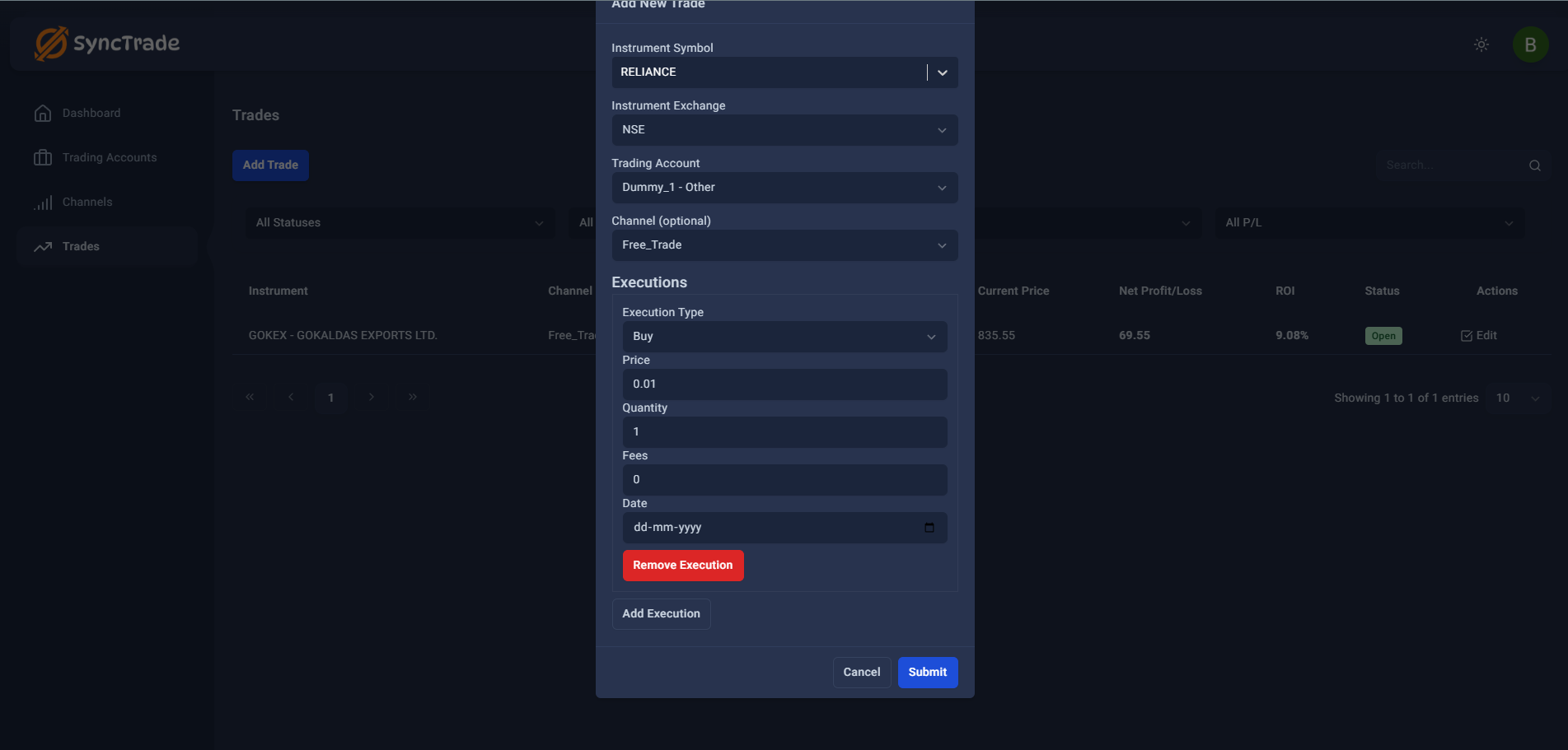 Execution details form showing all required fields filled