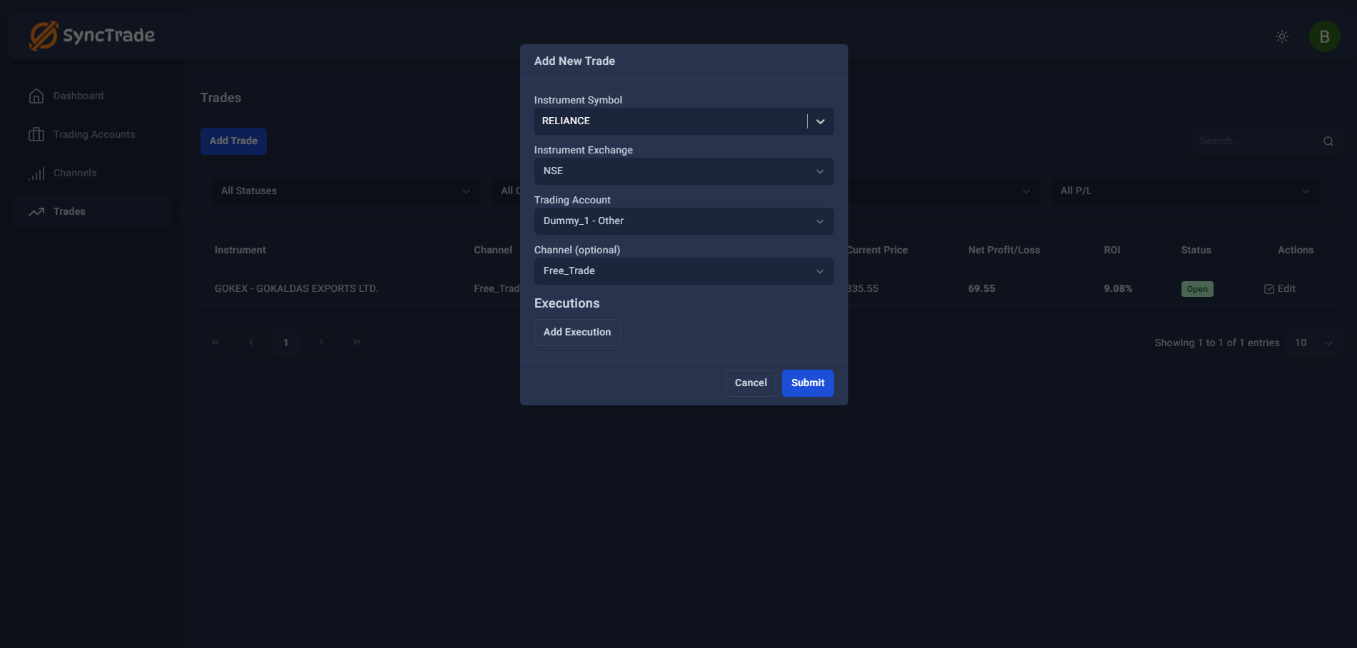 Empty executions section with Add Execution button
