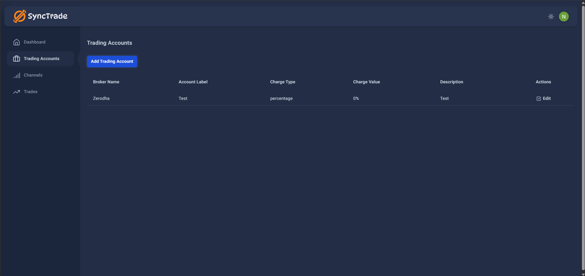 Trading Accounts list showing broker and label