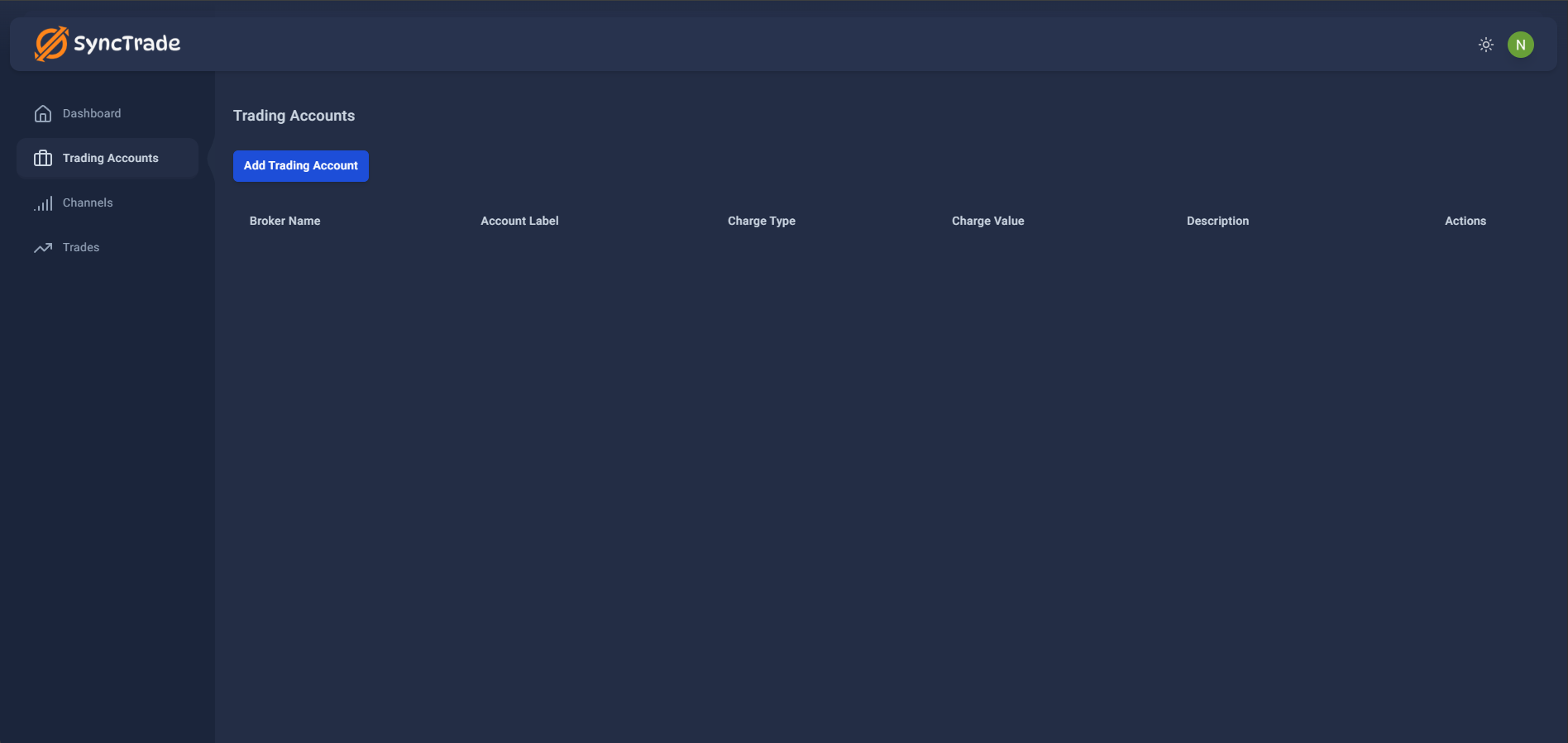 Trading Accounts list with Add Account button